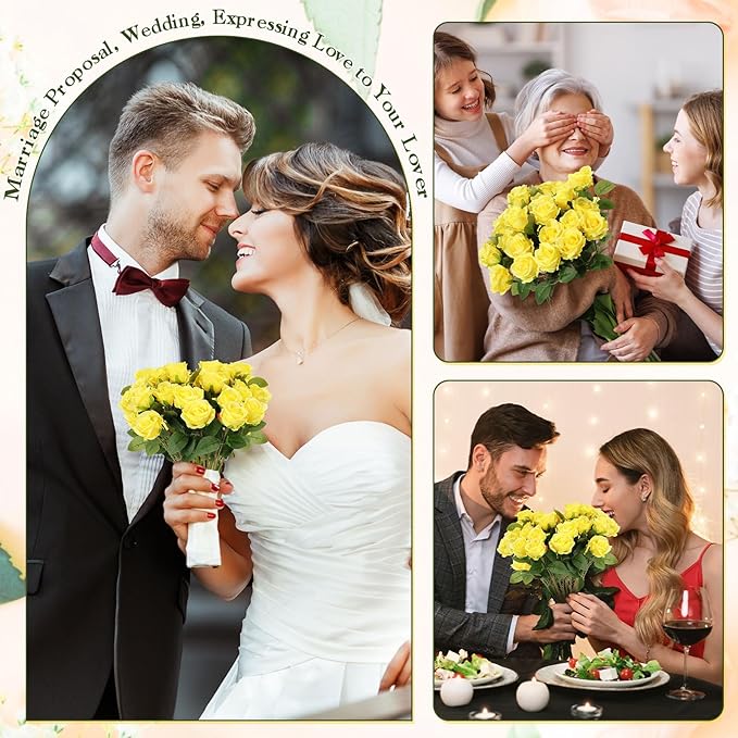 Hotop 20 Pcs Artificial Rose Flowers with Long Stem, Real Lifelike Silk Realistic Plastic Bouquet Roses Bulk for Home Decor Bridal Wedding Party Table Centerpieces Decorations(Yellow)