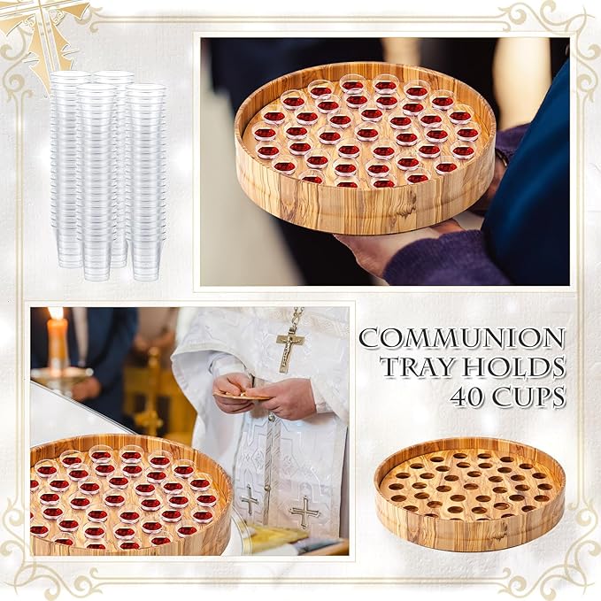 Zhehao 1 Pcs Wood Communion Trays for Churches Set Church Supplies Plates for Church with Disposable Cups (Olive Wood)