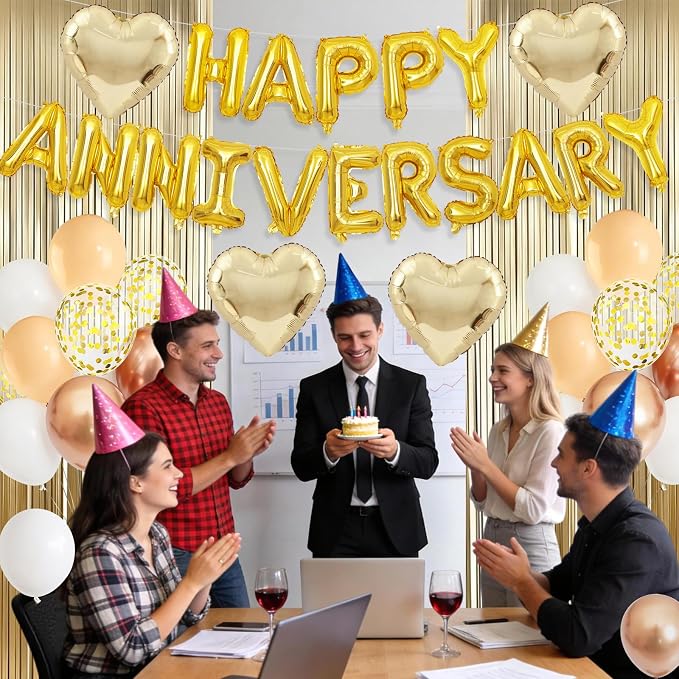 Anniversary Decorations Gold Sand White,Happy Anniversary Balloon Banner with Heart Foil Balloons Fringe Curtain for Wedding Party Valentine's Day Romantic Night