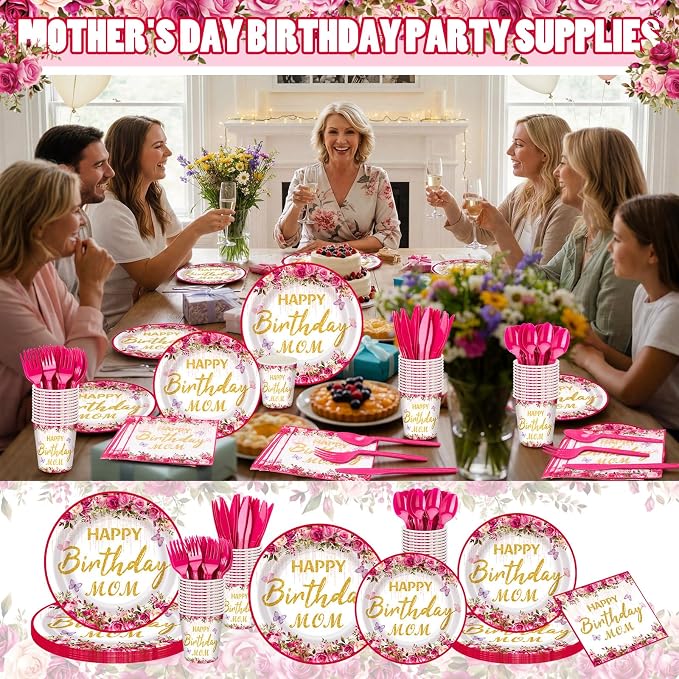 168 Pcs Happy Birthday Mom Party Decorations Pink Floral Best Mom Ever Plates and Napkins Sets Disposable Birthday Tableware Sets Serve for 24