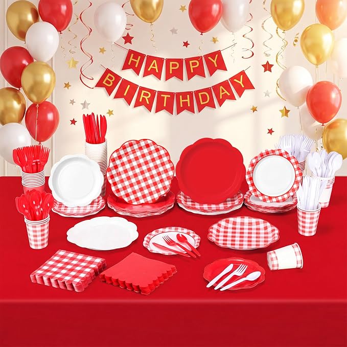 Ceenna 390 Pcs Red Gingham Party Supplies for 48 Guests, Red and White Checkered Paper Plates Napkins Cups Tablecloth Cutlery Disposable Tableware for Picnic BBQ Birthday Baby Shower Party Deocration