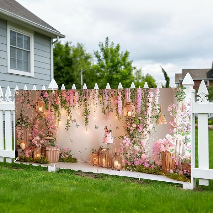 Garden Garage Door Banner Cover 7x16FT Waterproof Cherry Blossom Floral Backdrop with Butterflies –Spring Easter Wedding Decor,Baby Shower Photo Booth Background, Birthday Party & Outdoor Decoration