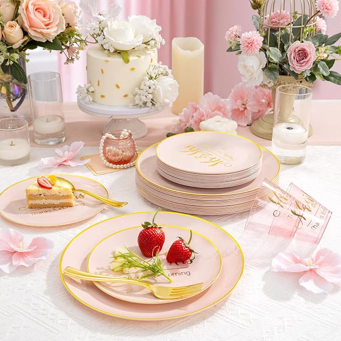 I00000 Mr and Mrs Wedding Pink Plastic Plates and Napkins Set,Bridal Shower Plates Set for 25 Guests Include 25 Dinner Platos,25 Dessert Platos,25 Cups,25 Napkins,25 Cutlery for Engagement Party Decor