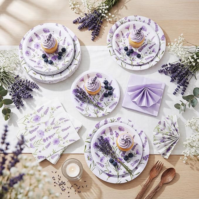 Funnymoom 200 Pcs Lavender Floral Party Supplies Kit Purple Disposable Paper Dinner Dessert Plates Luncheon Napkins Beverage Napkins for Spring Summer Birthday Wedding Tea Party Decoration 50 Guests