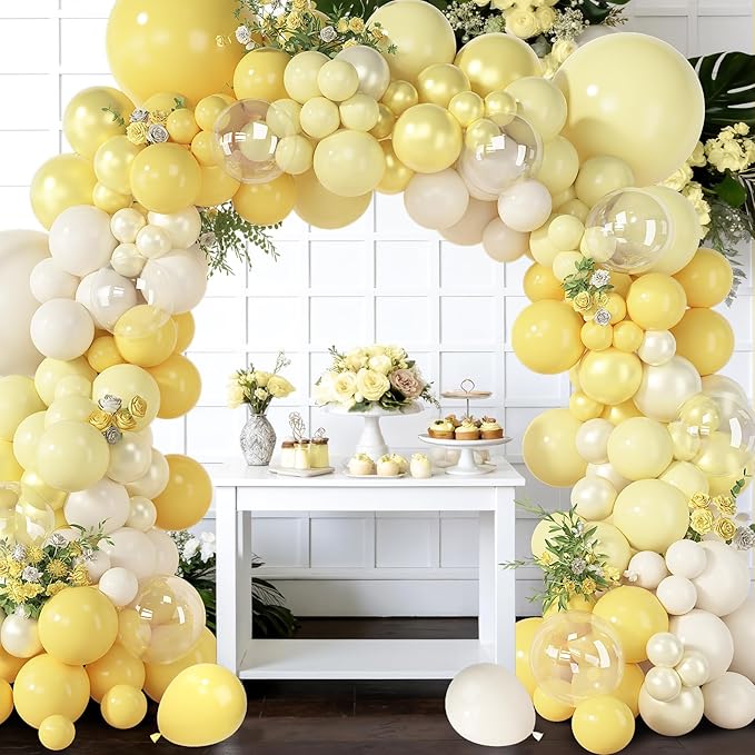 Amandir 173 Pcs Yellow Balloon Arch Kit, Double Stuffed Pastel Light Yellow Pearl White Sand Clear Balloons for Bee Lemon Wedding Bridal Shower Engagement Anniversary Birthday Party Decorations