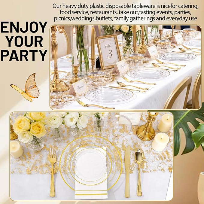 GATHER 350PCS Clear Gold Plastic Plates - Disposable Gold Dinnerware Sets Includes 100 Gold Rim Plastic Plates, 150 Silverware, 50 Napkins, 50 Cups for Party, Wedding