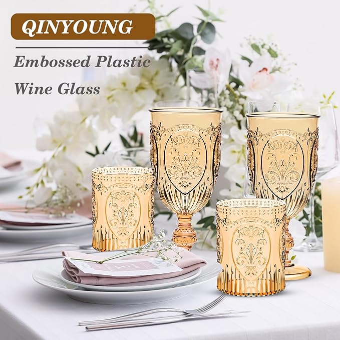 Qinyoung 24 Plastic Vintage Drinking Glasses 8.5oz Stemless Retro Embossed Wine Glasses Shatterproof Reusable Cups for Baby Shower Wedding Reception Grand Event Party (Yellow)