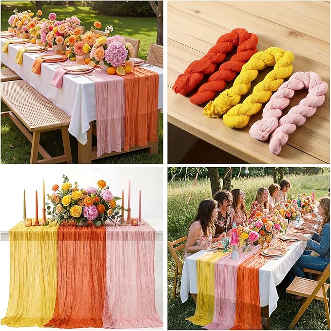 6 Pcs Pink Orange Yellow Cheesecloth Table Runner Summer Boho Gauze Cheese Cloth Runner 118" Rustic Table Decor for Hippie Retro Boho Wedding Baby Shower Birthday Party Home Arbor Decorations