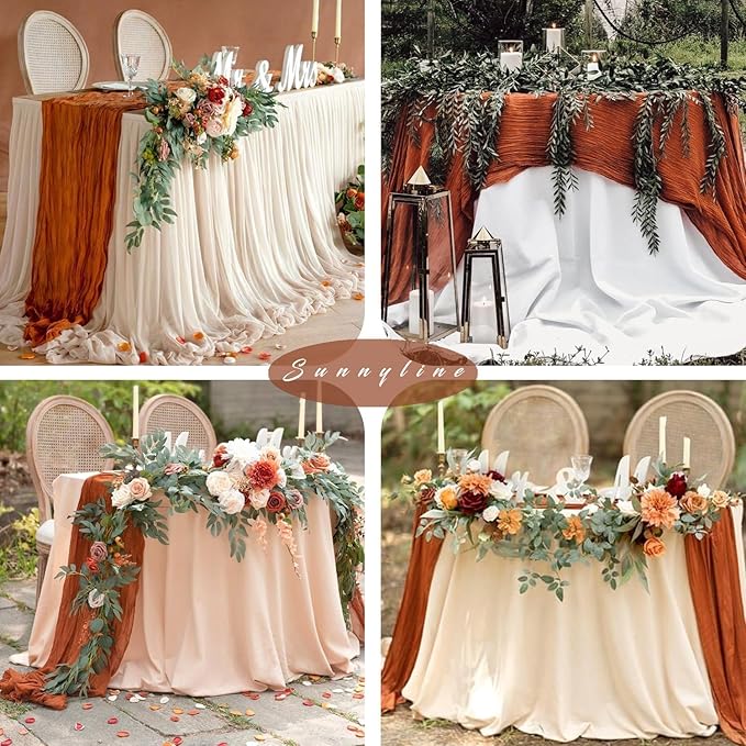 6 Pcs Cheesecloth Table Runner 10FT Terracotta Runner for Tables Gauze Fabric 35 x 120 Inches Long Boho Table Runner Decor Rustic Sheer Runner for Wedding Birthday Bridal Shower Party (Terracotta)