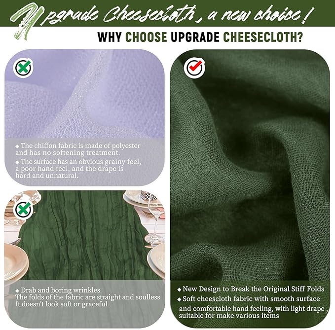24 Packs Hunter Green Cheesecloth Table Runner,10ft Green Rustic Gauze Boho Wedding Table Runner Decoration, Wedding Table Decor Sheer Table Runner for Wedding Party Bridal Shower Table