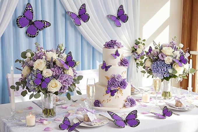 Chuangdi 12 Pcs Large Purple Monarch Butterfly Decorations 3 Size 12inch, 9inch, 6inch Fake Butterflies Realistic Butterfly Craft Artificial Mariposas Wall Decor for Craft Wedding Home Birthday Party