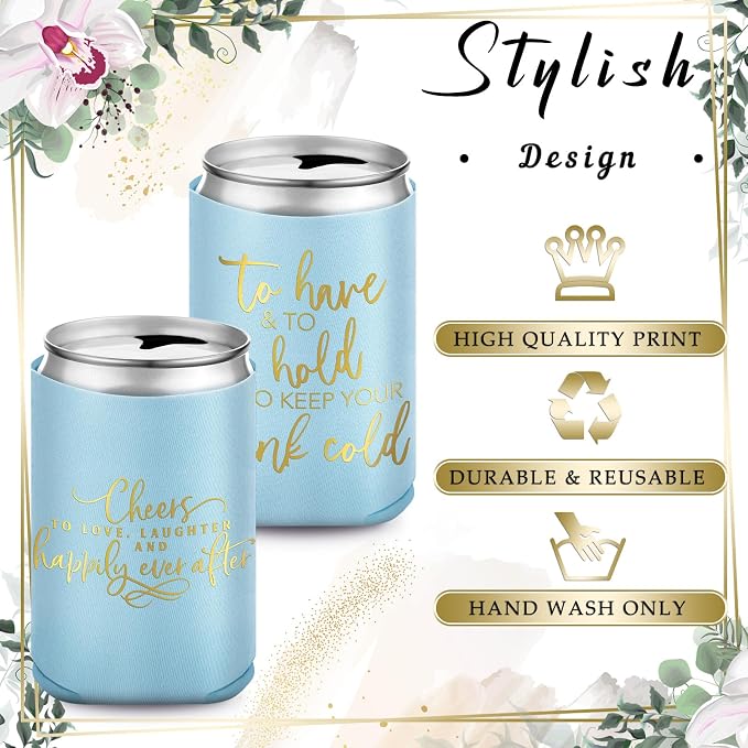 Qinyoung 50 Pieces Light Blue Wedding Can Cooler Sleeves Bulk Engagement Party Favors for Guests Cheers to Love Laughter and Happily Ever After Rehearsal Dinner Decorations for Wedding Bridal