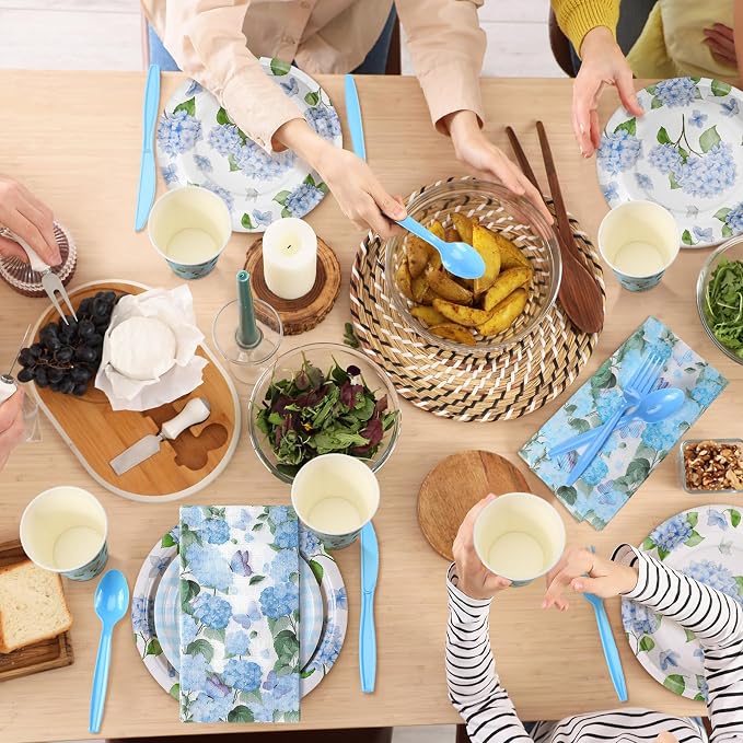Sinmoe 400 Pcs Summer Hydrangea Floral Plates and Napkins Set Blue Flower Dinnerware Disposable Party Supplies for 50 Guest Dinnerware Knife Fork Spoon for Summer Hydrangea Birthday Party Decoration