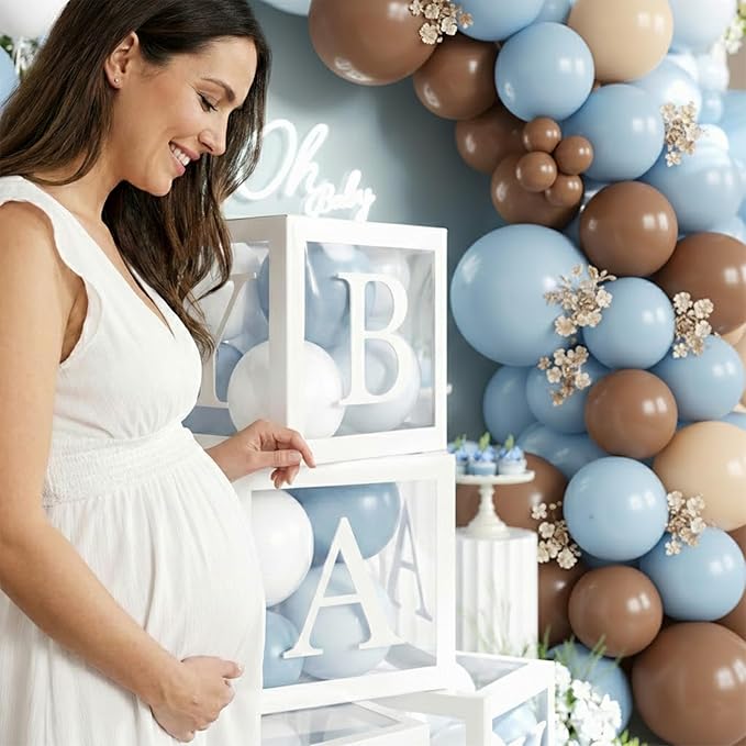 144Pcs Teddy Bear Baby Shower Decorations for Boy - We Can Bearly Wait Party Supplies - Blue Brown Balloon Garland Arch Kit with 4 Baby Boxes for Gender Reveal Backdrop, 1st Birthday