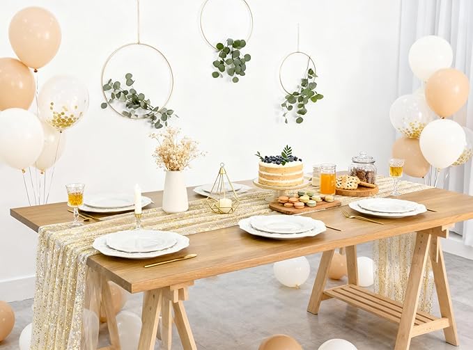 FEXIA 2Pcs Ramadan Decor Table Runner, Gold Glitter Table Runner for Wedding Table Decor, Spring Party Decorations, Elegant Dining Table Centerpiece for Eid Celebrations, Ivory Gold