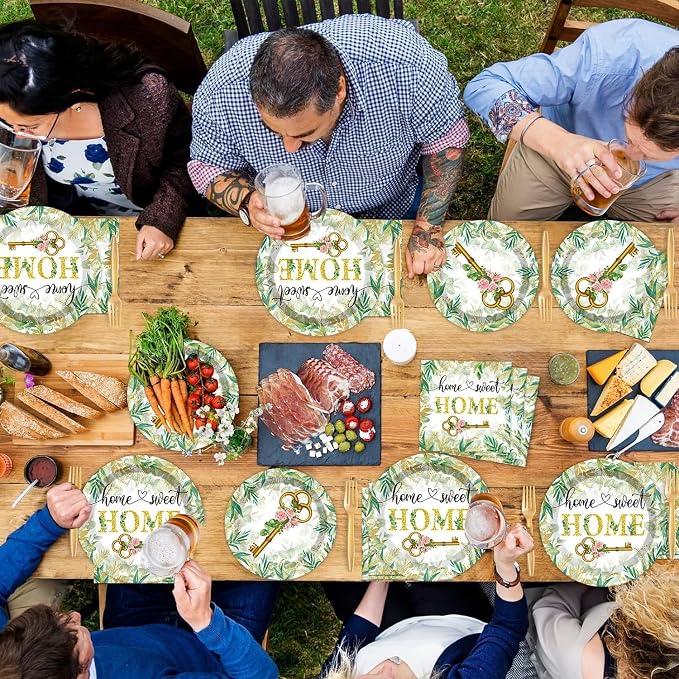 50 Guests House Warming Party Supplies Decoration Housewarming Party Plates and Napkins Forks Sweet Home Tableware Decor Rustic Floral Paper Disposable Plates for New House Wedding Supplies 200PCS