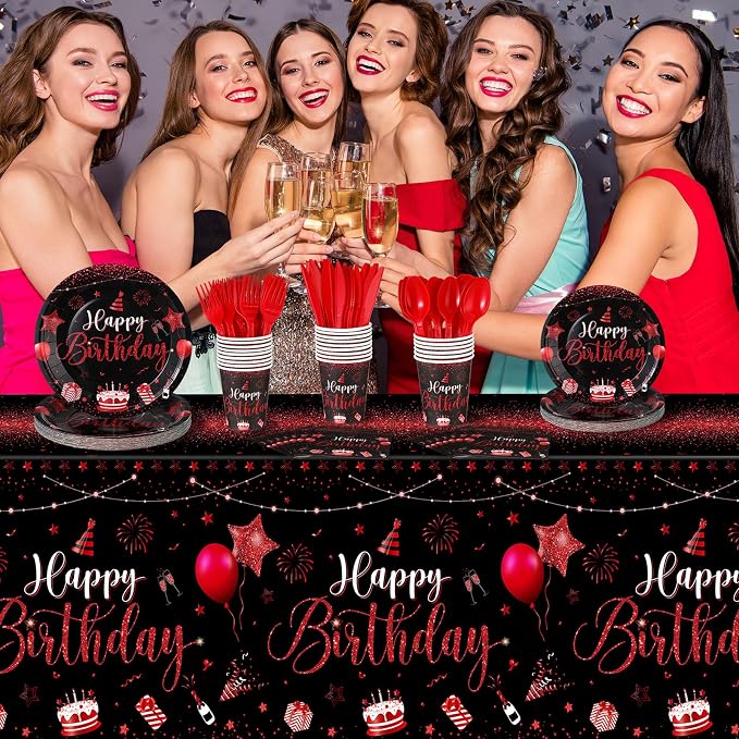 Vesici 171 Pcs Happy Birthday Party Supplies 24 Set Disposable Party Tableware include Plates Cups Napkins Cutlery and Banner Tablecloth Birthday Dinner Decorations for Men Woman(Black, Red)