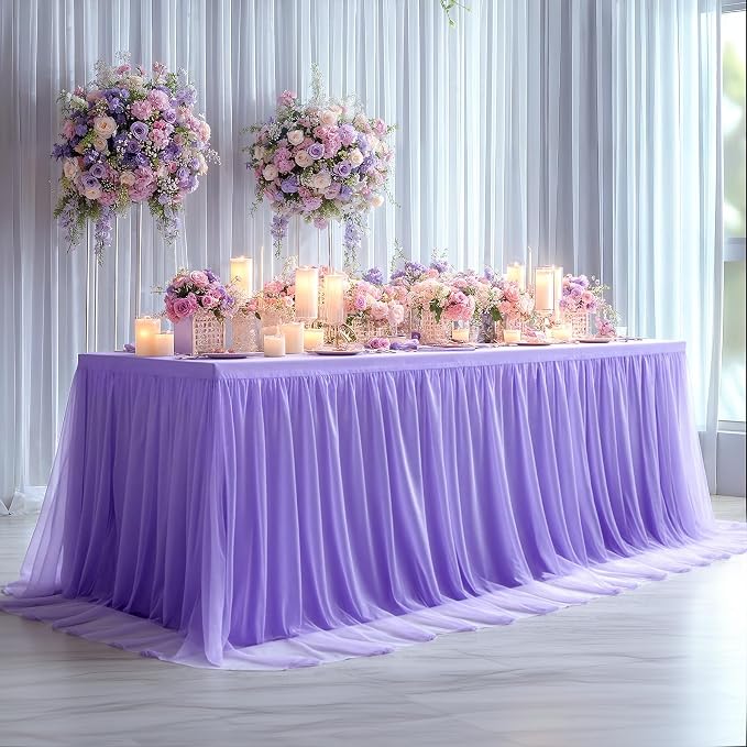 2 Pack Lavender Tulle Tablecloths with Skirt for 8 Foot Rectangle Tables Party Ruffle Tutu Tablecloth 8FT Stretch Fitted Table Cover for Wedding Reception Birthday Baby Shower Celebration Banquet