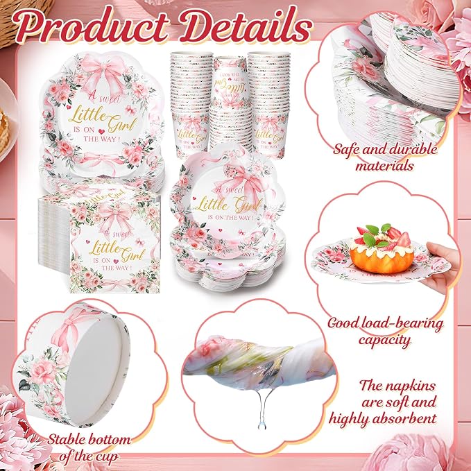 250 Pcs a Sweet Little Girl Is on The Way Baby Shower Plates and Napkins Pink Bow Baby Shower Disposable Plates and Napkins Floral Birthday Tableware Dinnerware for 50 Guests Birthday Party Supplies