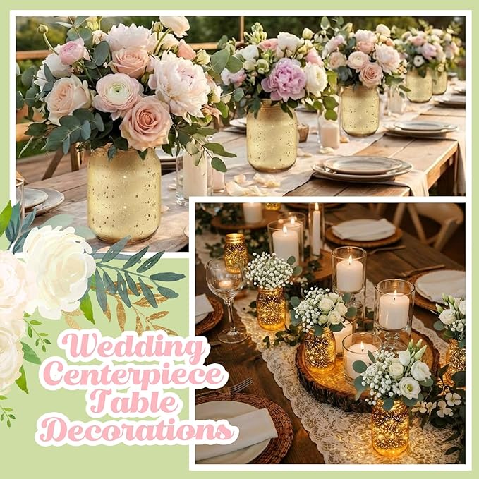 Layhit 6 Pcs Painted Mason Jars Colored Painted Mason Jars Centerpiece for Table with 6 Pcs 9.84 ft 30 LED Operated Fairy Lights for Wedding(Gold)