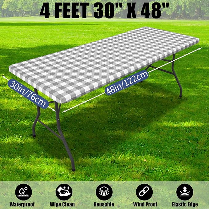 Smiry Picnic Table Cloth 4 Pack, Waterproof Elastic Fitted Tablecloths for 4FT Rectangle Tables, Washable Polyester Buffalo Plaid Tablecloth for Camping, Dining & Outdoor (Grey & White, 30" x 48")