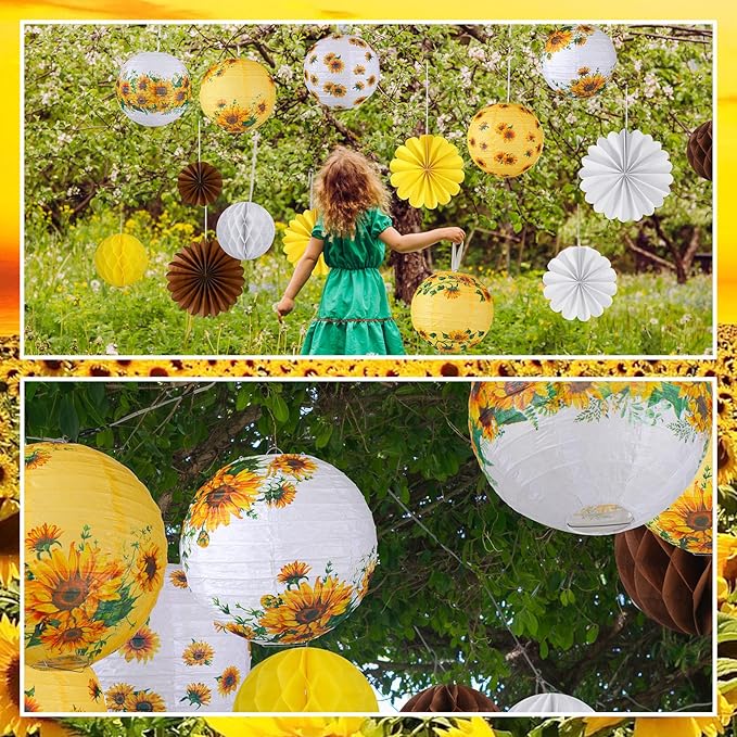 Raiten 18 Pcs Sunflower Party Decorations Kit Summer Hanging Paper Lanterns Yellow White Brown Sunflower Hanging Paper Fan Honeycomb Ball for Wedding Party Baby Shower