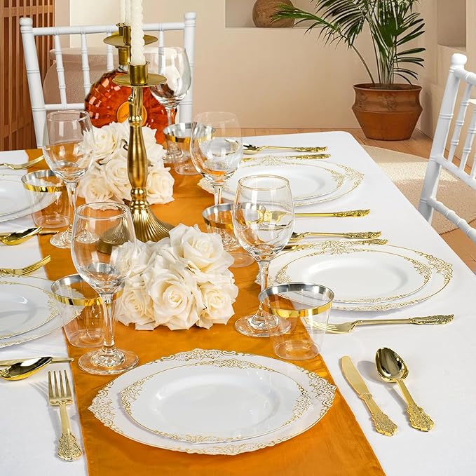 Bestluck 700PCS Gold Plastic Plates for 100 Guests, Disposable Dinnerware Sets Include 200 Gold Rim Plastic Plates, 100 Silverwares, 100 Cups, and 100 Pre Rolled Napkins for Party, Wedding, Graduation