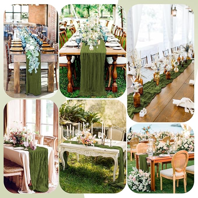 12 Pack Olive Green Cheesecloth Table Runner, 10FT Cheesecloth Rustic Boho Table Runner Long Romantic Semi Sheer Table Runner for Wedding Baby Shower Birthday Bridal Party Decorations(21.5×120 Inch)