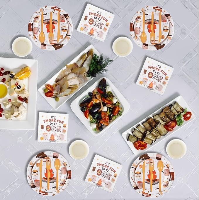 Yungyan 252 Pcs S'mores Camping Birthday Party Tableware Set Included Plates Napkins Cups Forks Knives Cutlery for Party Decorations Supplies 36 Guests