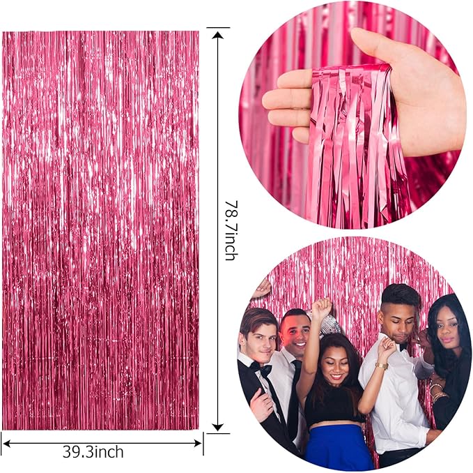2 Pack Foil Curtain Backdrop Pink Metallic Tinsel Foil Fringe Curtains Photo Booth Props for Birthday Valentines Day Wedding Engagement Baby Shower Bachelorette Christmas Holiday Party Decorations