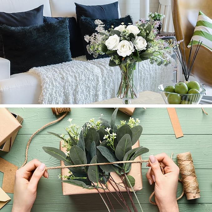 Janinka Mixed Eucalyptus Leaves Stems Bulk with White Seeds Artificial Silver Dollar Leaves Sprays Faux Oval for Wreath Garland Floral Bouquets Arrangement Wedding Greenery Decoration (50)