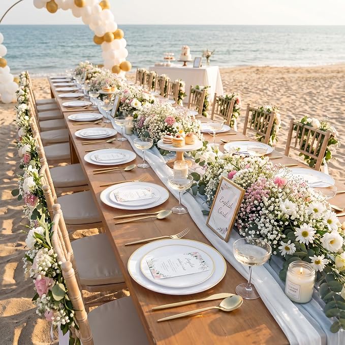 I00000 150PCS White and Gold Plastic Plates with Disposable Silverware for 30 Guests,Nice Disposable Plates,White Plastic Plates Set Include 30 Dinner Plate,30 Dessert Plate,90 Gold Cutlery for Party