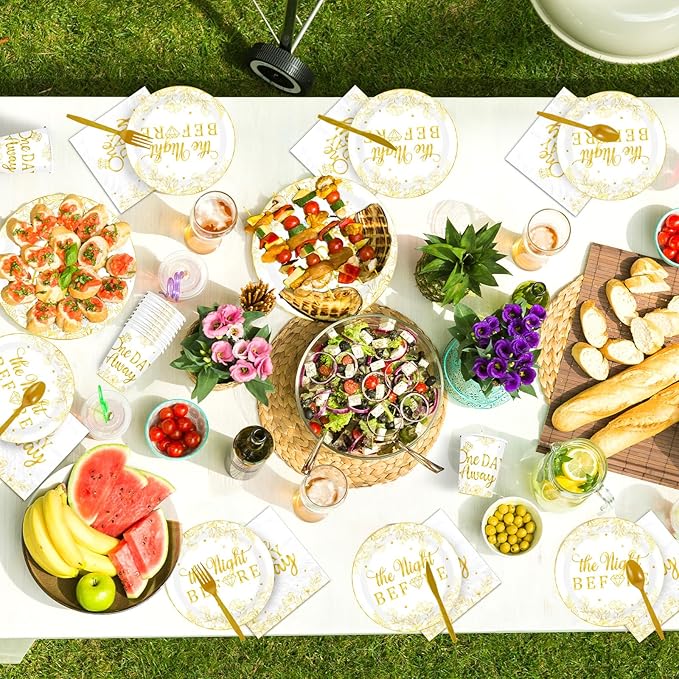 168 Pcs One Day Away Rehearsal Dinner Decorations The Night Before Wedding Plates Napkins Cups Forks Knives Spoons White Gold Diamond Ring Tableware Set for Wedding Rehearsal Party Supplies Serves 24