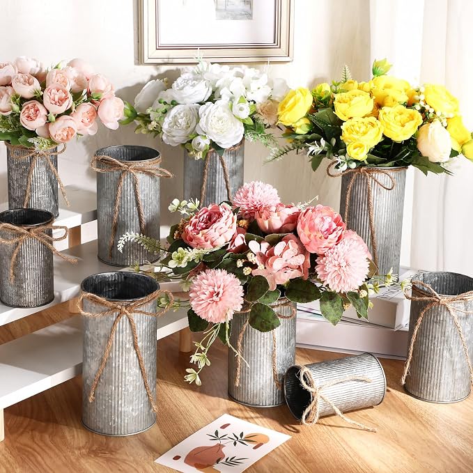 Zonon 18 Pcs Farmhouse Vase Decor with Twine Bow 4.33" Galvanized Flower Bucket 5.91" Metal Pots 7.09" Rustic Decorated Vases for Artificial Flowers Home Table Weddings Decor (Black)