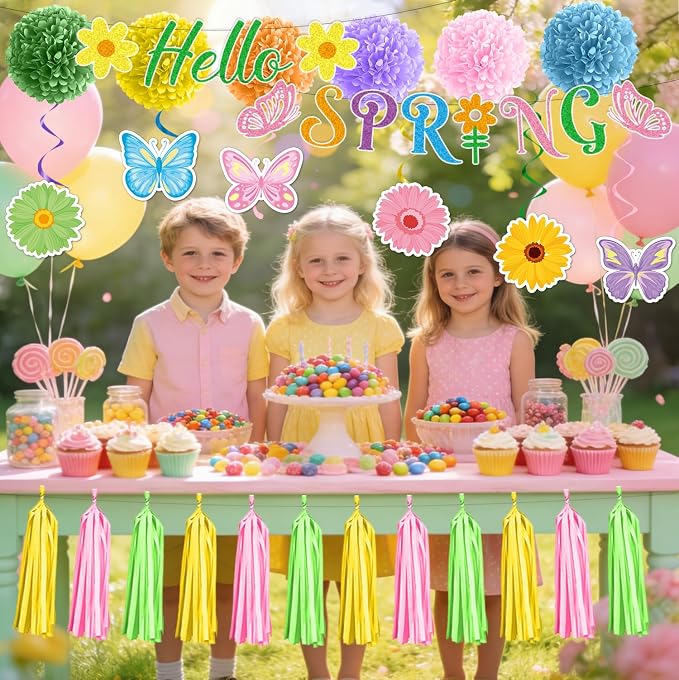 Rakuto Hello Spring Party Decorations, Hello Spring Banners Hanging Swirls Paper Pom Poms and Paper Tassels, Colorful Butterflies Flowers Party Decor