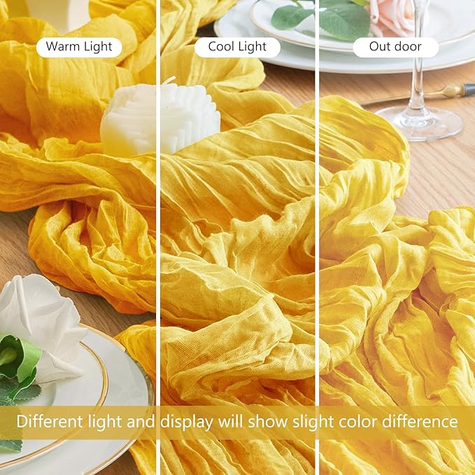 Wokceer Cheesecloth Table Runner 120 Inch Gold Boho Gauze Spring Easter Cheese Cloth Table Runner for Party Valentine's Day Long Rustic Sheer Table Runners for Baby Bridal Shower Wedding Table