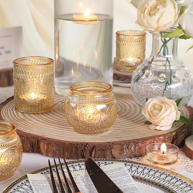 DARJEN 12Pcs Gold Votive Candle Holders - Glass Candle Holder for Table Centerpiece, Tea Lights Candle Holders for Home, Party & Wedding Shower Decoration
