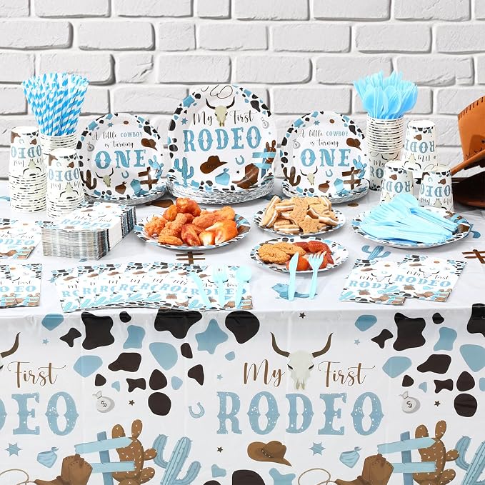 Potchen 452 Pcs Party Supplies Serve 50 Guests, Paper Plates Napkins Cups Cutlery Plastic Tablecloth Dinnerware for Birthday Wedding Party Decoration(Light Blue and Brown, First Rodeo)