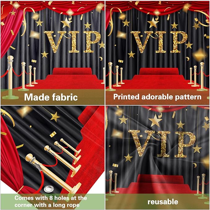 7X16ft VIP Red Carpet Garage Door Decoration Background Glittering with Brilliant Stars Black Gold Stage Backdrop Award Ceremony Movie Studio Props Graduation Wedding Birthday Party Banner Cover
