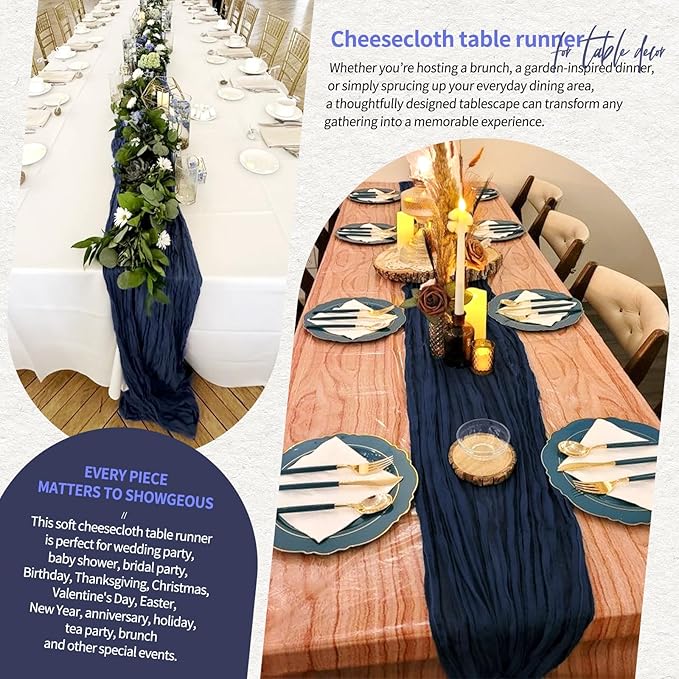 1 Pack Cheesecloth Table Runner 10FT Navy Blue Table Runner Boho Gauze Cheese Cloth Table Runners Long Rustic Sheer Table Decorations for Wedding Party Baby Bridal Shower Birthday Holiday Home