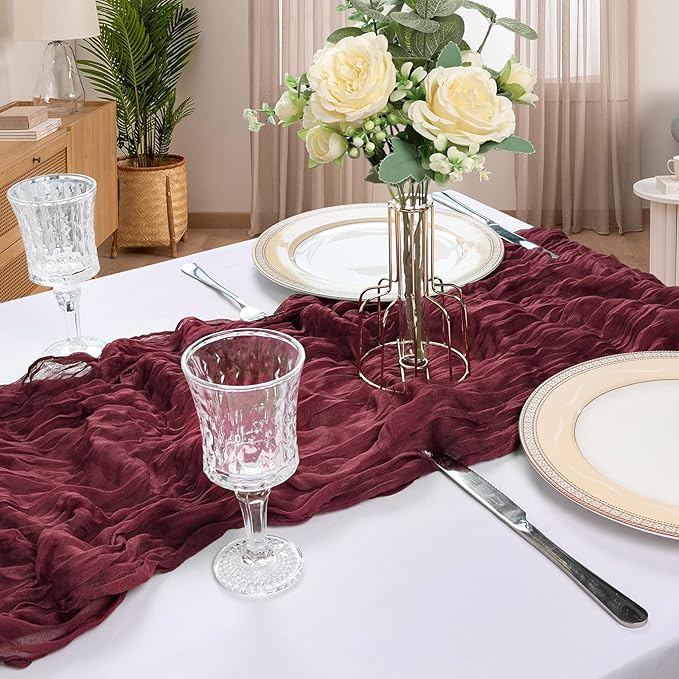 12 Pack 10FT Burgundy Cheesecloth Table Runner 120 Inch Long Gauze Rustic Boho Spring Cheese Cloth Table Runner Sheer Fabric Decorations for Holiday Party Wedding Banquet Bridal Baby Shower Décor