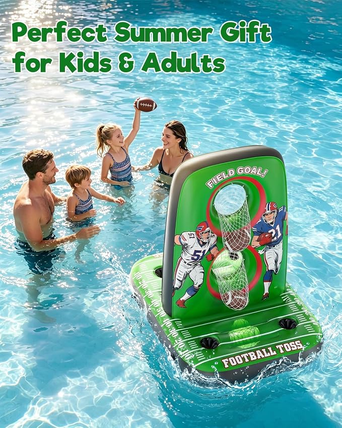Inflatable Football Toss Game for Pool Floating Water Football Target with 4 Balls & 2 Pumps, Stable Base Outdoor Backyard & Beach Games Summer Pool Party Game for Kids, Teen & Adults