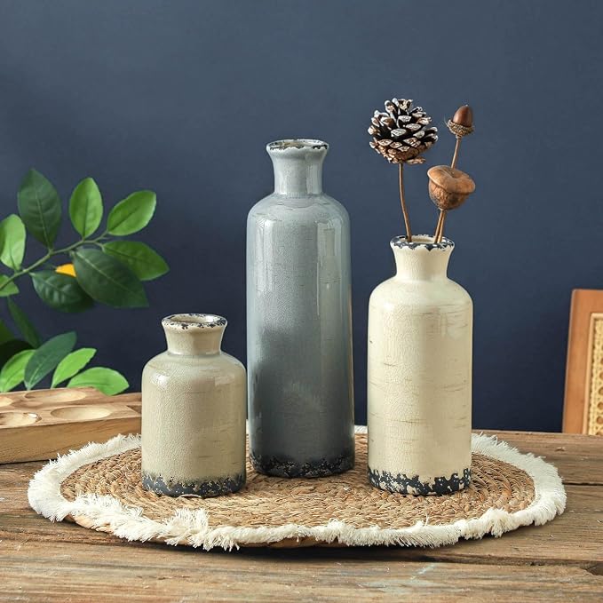 Ceramic Vase Set of 3, Neutral Flower Vases Home Decor, Pottery Rustic Farmhouse Decorative Vases Modern Decor for Table Mantel Entryway Bookshelf Living Room Kitchen Bedroom - Ocean