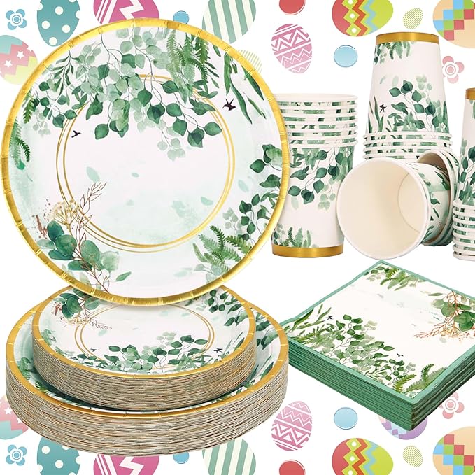 Sage Green Party Decorations, Sage Green Plates and Napkins, Baby Shower Plates and Cups and Napkins Sets 200 Pcs, Eucalyptus Bridal Shower Wedding Baptism Birthday, Serves 50
