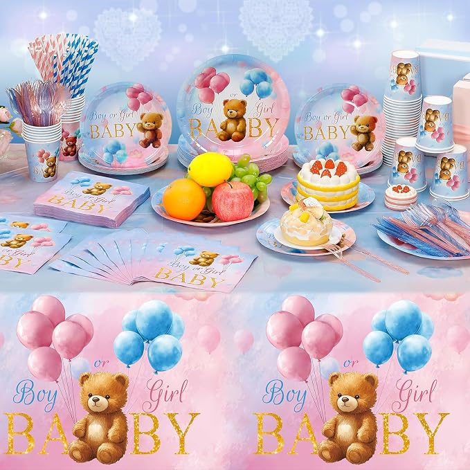 Funnymoom 452 Pcs Bear Themed Gender Reveal Party Decorations for 50, Boy or Girl Gender Reveal Paper Plates Napkins Cups Tablecloth Cutlery Straws for Pink Blue Baby Shower Party Supplies