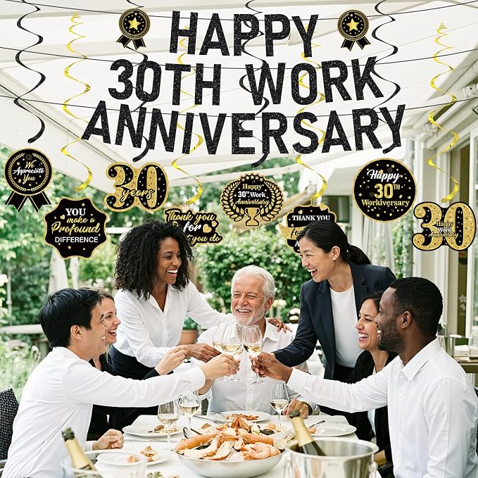 11pcs 30 Year Work Anniversary Decorations Black Gold Happy 30th Work Anniversary Banner Hanging Swirls Employee Appreciation Decorations Supplies 30 Year Workiversary Gifts for Employee Worker