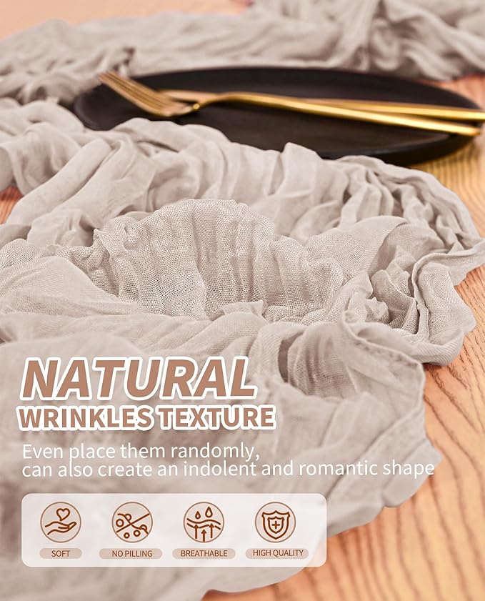 6 Pack Cheesecloth Table Runner,Brown Grey Table Runner Long Romantic Semi Sheer Rustic Boho Gauze Table Runners for Wedding Bridal Shower Birthday Party Decorations(17.7×108 Inch)