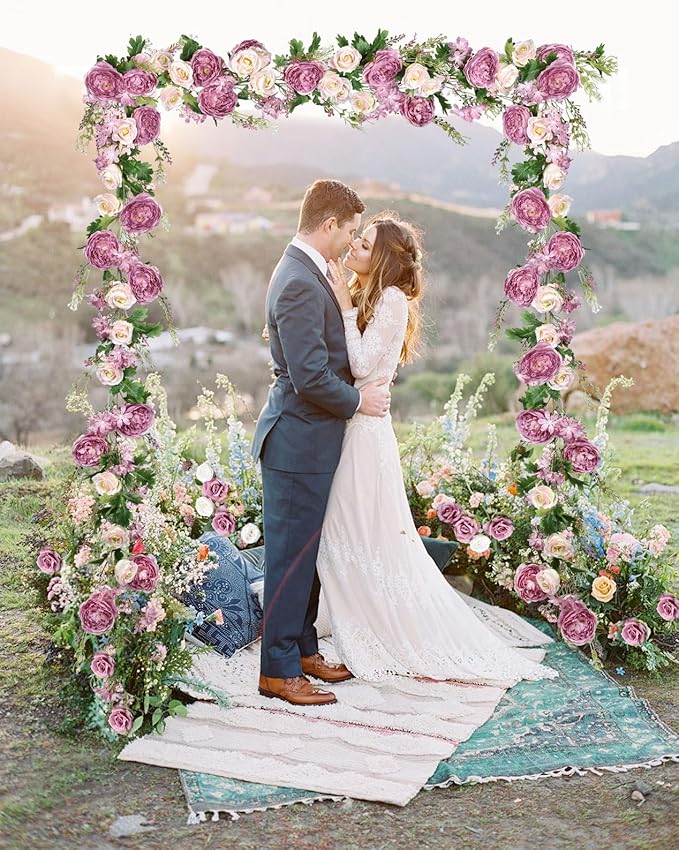 DearHouse 2Pack Artificial Peony Flower Garland - 6ft/Strand Silk Peony Garland with Pink Flowers for Wedding Party Table Decoration,Deep Ruby