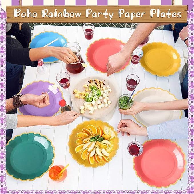 48 Pcs Boho Rainbow Paper Plates 9 Inch Colorful Scalloped Paper Plates Disposable Dinner Dessert for Birthday Wedding Bridal Party Supplies, 6 Colors