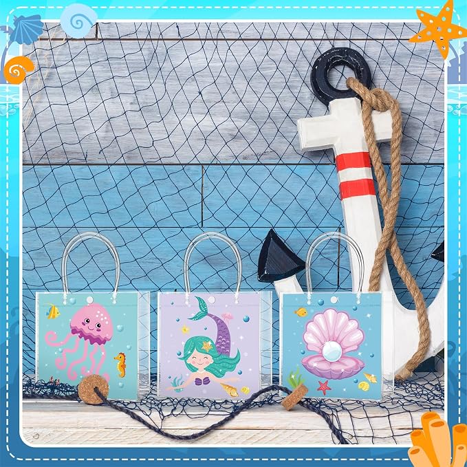 Teenyyou 24 Pcs Mermaid Clear Gift Bags with Handles Under the Sea Party Favor Goodie Candy Treat Tote Gift Bags for Ocean Theme Birthday Party Supplies